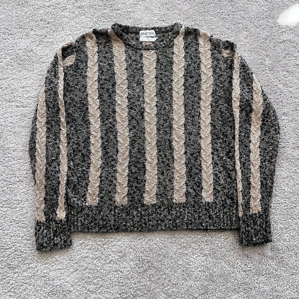 Vintage Albert Nipon Linen Cotton Cable Knit Sweater Womens L Gray Beige Striped